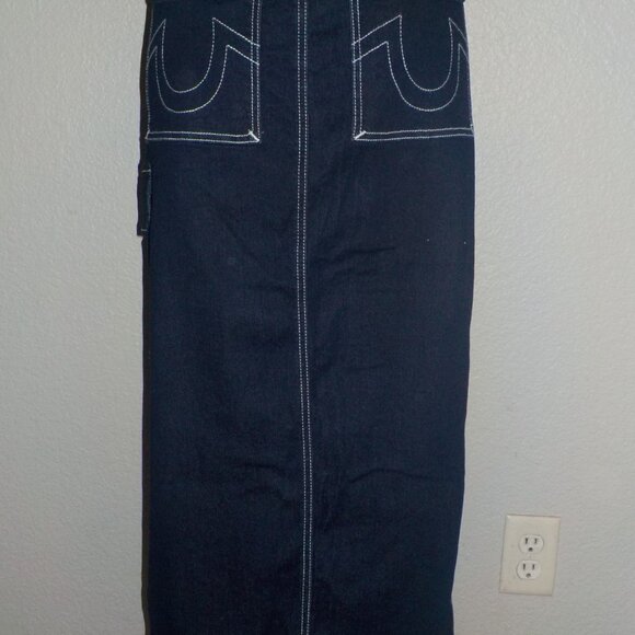 TRUE RELIGION WOMENS SIZES CARGO DARK WASH WHITE TOP STITCHED MAXI DENIM SKIRT - Picture 3 of 11